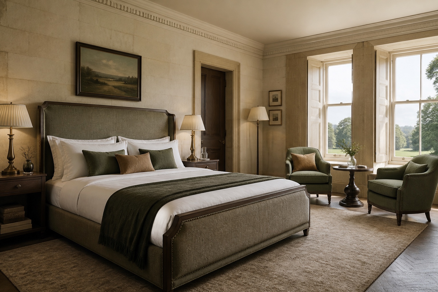 Editorial interior composition depicting an elegant English country-house bedroom with a four-poster bed and soft natural light