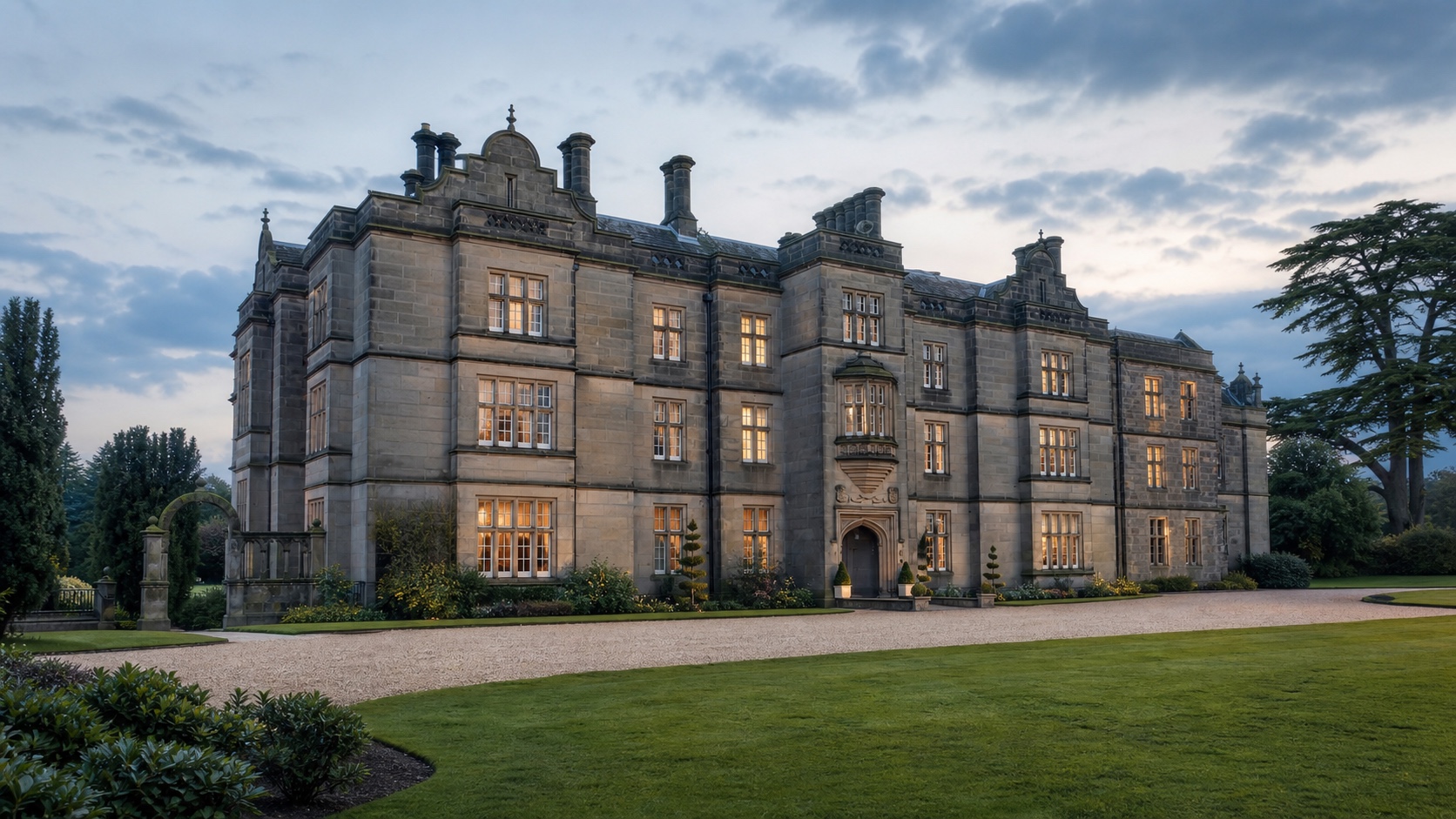 Editorial interpretation of Matfen Hall’s south façade at dusk, with warmly lit windows and a broad lawn