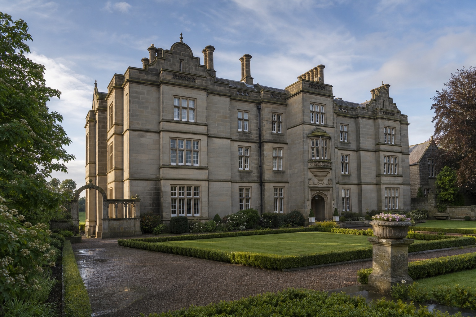 Editorial interpretation of Matfen Hall’s south façade viewed across a formal garden in daylight
